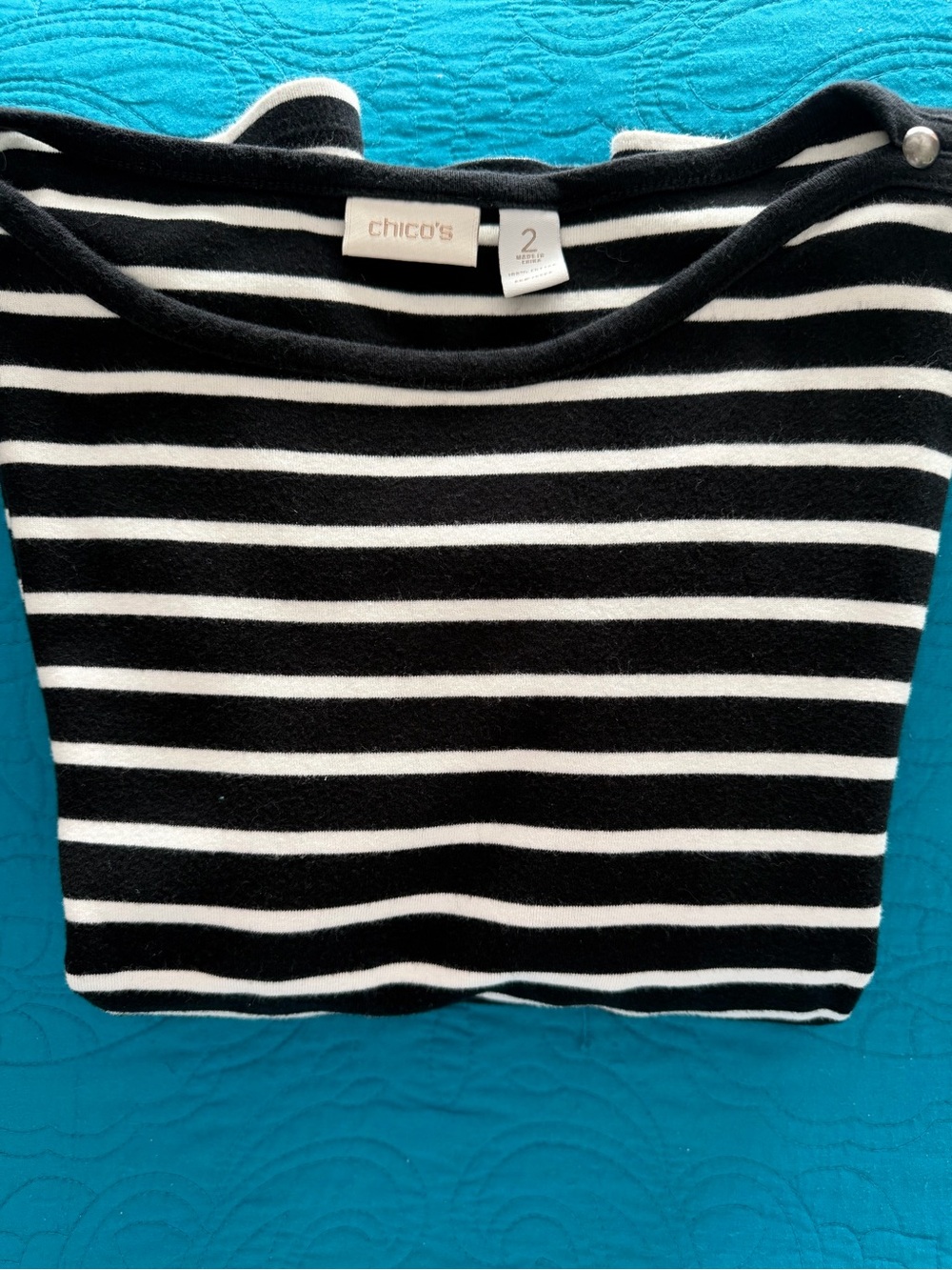 Chico's Black and White Striped Long-Sleeve Top with Shoulder Buttons